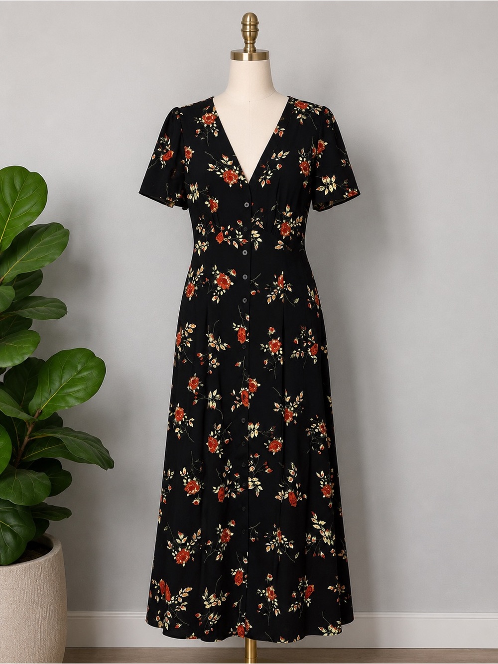 RIHOAS Black Floral Button-Front Midi Dress